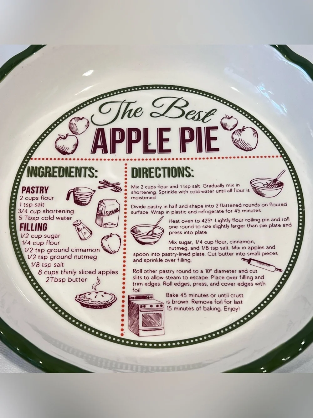DEI Apple Pie Recipe Ceramic Pie Plate Green Scalloped Cottagecore Kitchen